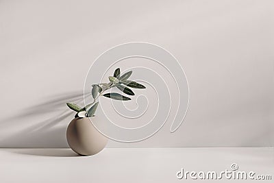 Modern summer still life photo. Beige ball shaped vase with green olive tree branch in sunlight with long shadows.Beige Stock Photo