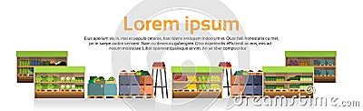 Modern Super Market Shelves Retail Store, Supermarket With Assortment Of Grocery Food Vector Illustration