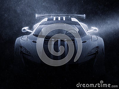 Modern super race car - night rain shot Stock Photo