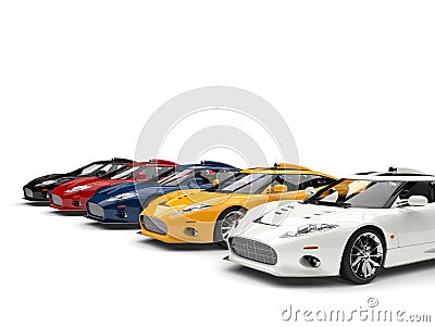 Modern super sports cars in all primary colors Stock Photo