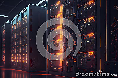 Modern supercomputers in computational data center Cartoon Illustration