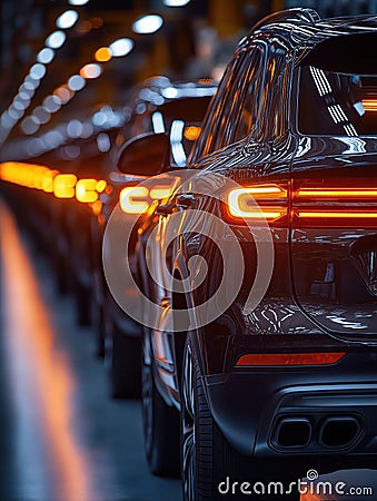 Modern SUVs move along assembly line in car factory. Automated production process tech innovation. Quality control ensures high Stock Photo