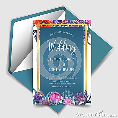 Modern sweet Watercolor floral wedding invitation Vector Illustration