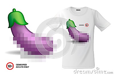 Modern t-shirt print design with eggplant emoji, closed by censorship, symbol adult only 18 emoticon, use for Vector Illustration