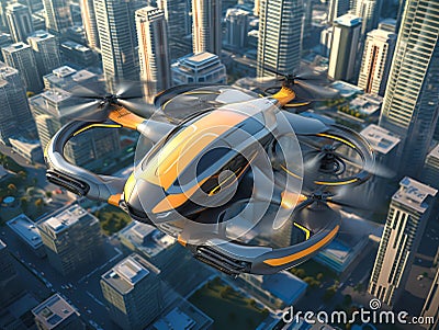 Modern taxi drone in the city of the future. Flying passenger transport. Stock Photo