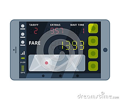 Modern Taximeter Device, Calculating Equipment for Taxi Service, Electronic Measurement Appliance Vector Illustration on Vector Illustration