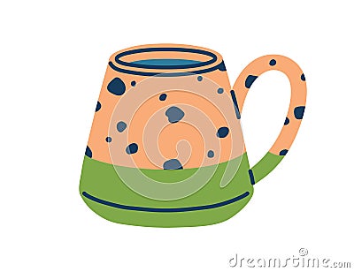 Modern tea cup. Ceramic coffee mug with handle. Cute teacup in doodle style. Stylish trendy drink crockery with dots, spots. Vector Illustration