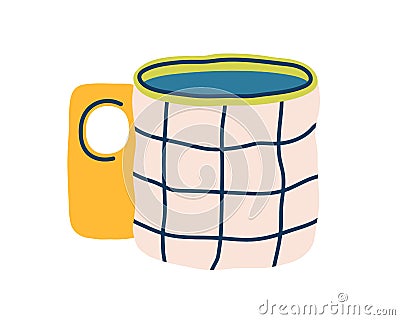 Modern tea mug with chequered pattern. Ceramic coffee cup with unusual handle. Cute teacup with decor. Stylish drink Vector Illustration