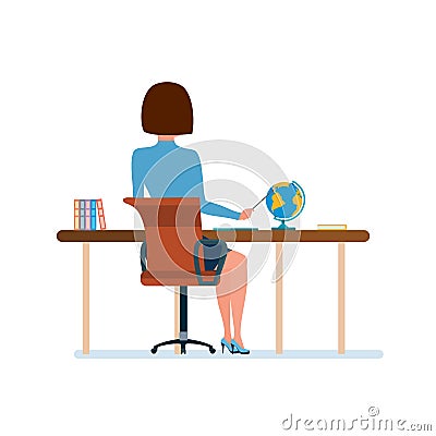 Young teacher at her desk, working at laptop with documents. Vector Illustration