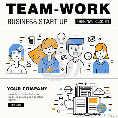 Modern team work pack. Thin line icons business works. Stock Photo