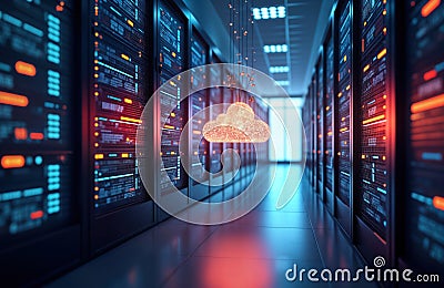 Modern tech infrastructure with glowing tech servers, cloud computing concept. Networked data center displays data streams. Stock Photo
