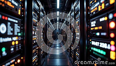 Modern tech server room. Many computer servers in racks. Network hardware, equipment. Digital tech future concept. Data center. Stock Photo