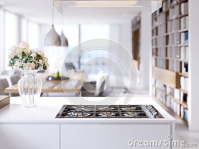 Modern technological built-in kitchen appliances, hob, gas stove, mixer, sink Stock Photo