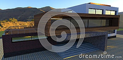 Modern technological house high in the mountains. 3d render. Finishing the porch is old gray slate. Concrete stairs. Square block Cartoon Illustration