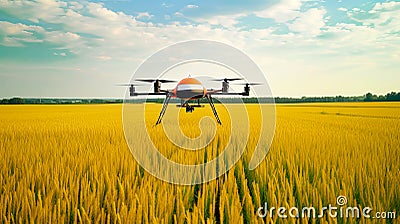 Modern technologies in agriculture. Industrial drone flies over a green field and sprays useful pesticides to increase Stock Photo