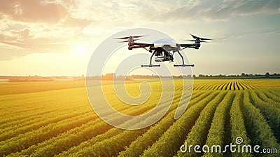 Modern technologies in agriculture. Industrial drone flies over a green field and sprays useful pesticides to increase Stock Photo