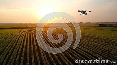 Modern technologies in agriculture. Industrial drone flies over a green field and sprays Stock Photo