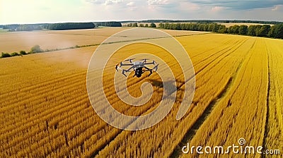 Modern technologies in agriculture. Industrial drone flies over a green field and sprays Stock Photo