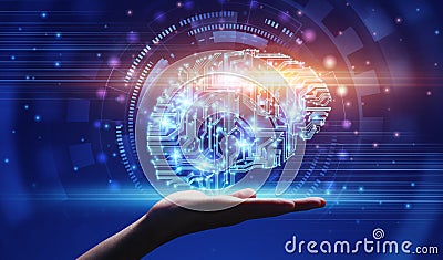 Modern Technologies And AI. Hand demonstrating digital brain hologram in circuit style Stock Photo