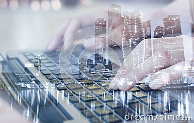 Modern technologies, double exposure, work online Stock Photo