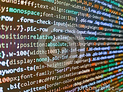 Modern technology background. Website programming code. Javascript functions, variables, objects. Information technology website Stock Photo