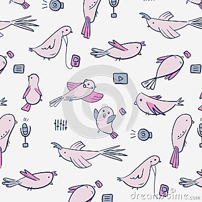 Modern technology birds with mp3, microphone, player and music elemnts. Hand-drawn birds doodles. Cool scandivian style Vector Illustration