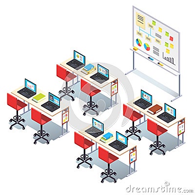 Modern technology class room with desks, chairs Vector Illustration