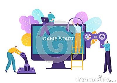 Modern technology digital gadget entertainment, tiny people together play video game flat vector illustration, isolated Vector Illustration