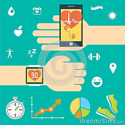 Modern technology equipment for monitoring the health. Smartphone, smartwatch. Blue background Stock Photo