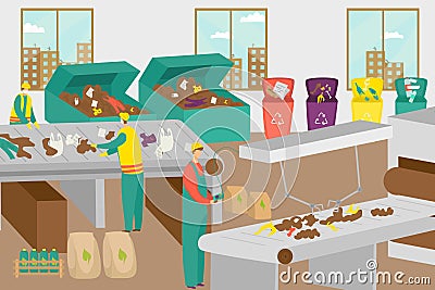 Modern technology factory waste recycle plant, people worker character together processing plastic on conveyor belt flat Vector Illustration