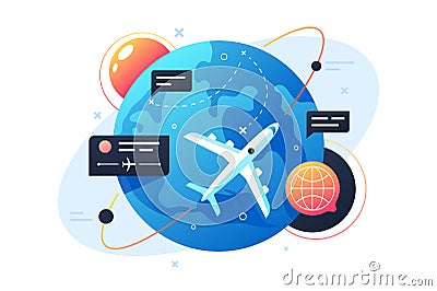 Modern technology plane flies around planet using points and messages. Vector Illustration