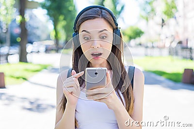 Modern technology social media marketing smm concept. Closeup photo portrait of beautiful funky joking cheerful amazed wondered Stock Photo