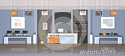 Modern technology store interior digital computer laptop screen smartphone electronic gadgets creative design market Vector Illustration