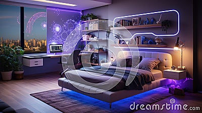 Modern teenage room at night, futuristic interior with purple neon and led light. Luxury home design for child or teen. Concept of Stock Photo