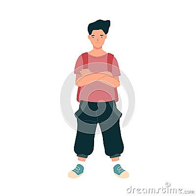 Modern teenage student standing with backpack. Portrait of cute preschool kid. Adolescent pupil with crossed hands. Flat Vector Illustration