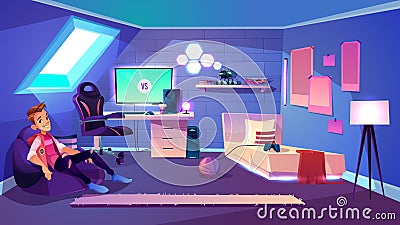 Modern teenager boy room interior cartoon vector Vector Illustration