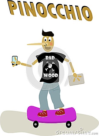 Modern teenager Pinocchio on skateboard Vector Illustration