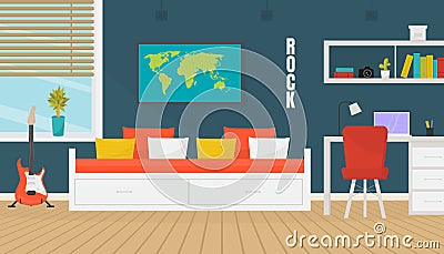 Modern teenager room interior design with trendy workspace with laptop. table, chair, map, table lamp, bed. Cozy apartment. Vector Illustration