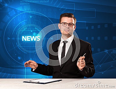Modern televison presenter telling the news with tehnology background Stock Photo