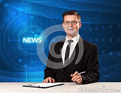 Modern televison presenter telling the news with tehnology backg Stock Photo