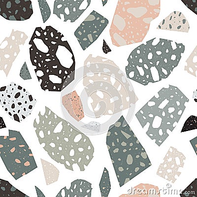 Modern terrazzo texture. Seamless pattern with colored stone fractions or pieces scattered on white background. Creative Vector Illustration