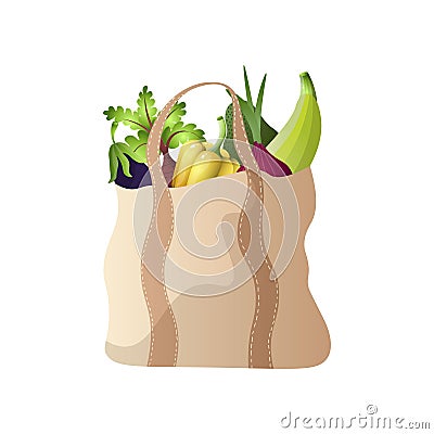 Modern textile eco handbag with vegetables, eggplant, onion, paprika Vector Illustration