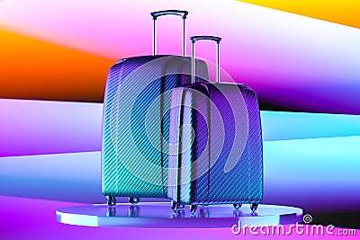 Modern Textured Stylish Suitcases on Multicolored Abstract Background And Glossy Transparent Showcase. 3d Rendering Stock Photo
