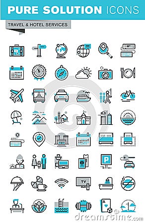 Modern thin line flat design icons set of travel and tourism sign and object Vector Illustration