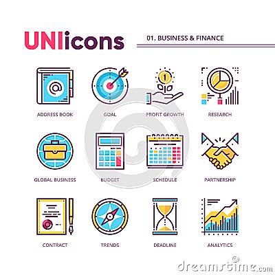 Modern thin line icons collection of business and finance. Global colors. Vector pack for web graphics or print. Stock Photo
