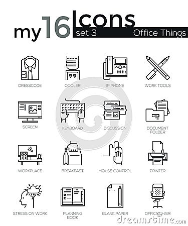 Modern thin line icons set of basic business essential tools, office equipment. Vector Illustration