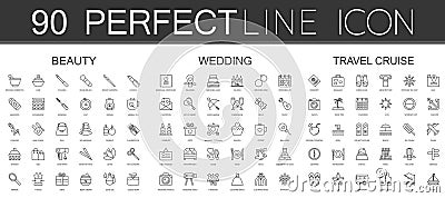 90 modern thin line icons set of beauty cosmetics, wedding, travel cruise Vector Illustration