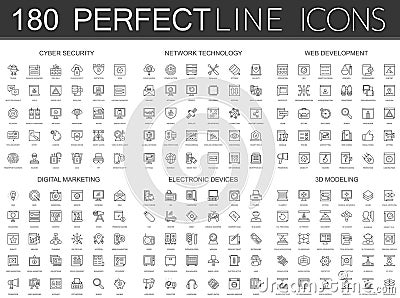 180 modern thin line icons set of cyber security, network technology, web development, digital marketing, electronic Vector Illustration