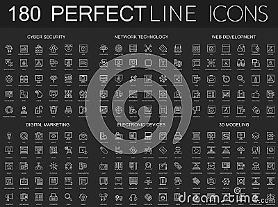 180 modern thin line icons set on dark black background. Cyber security, network technology, web development, digital Vector Illustration