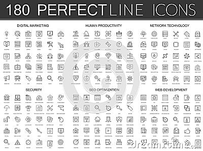 180 modern thin line icons set of digital marketing, human productivity, network technology, cyber security, SEO Vector Illustration